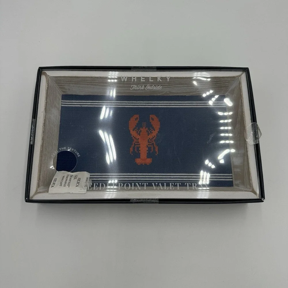 Whelky Navy Needlepoint Valet Tray Orange Lobster Nautical Wood Jewelry Tray NEW